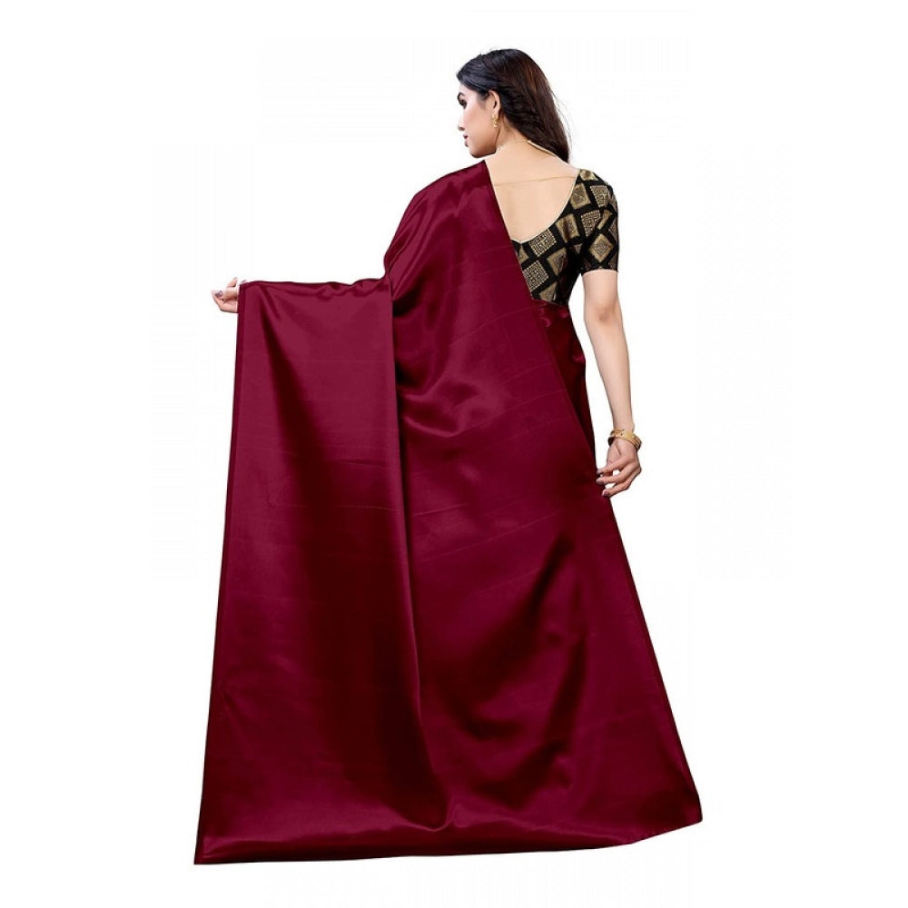 Women's Satin Printed Saree With Unstitched Blouse 5.5Mtr (Maroon)