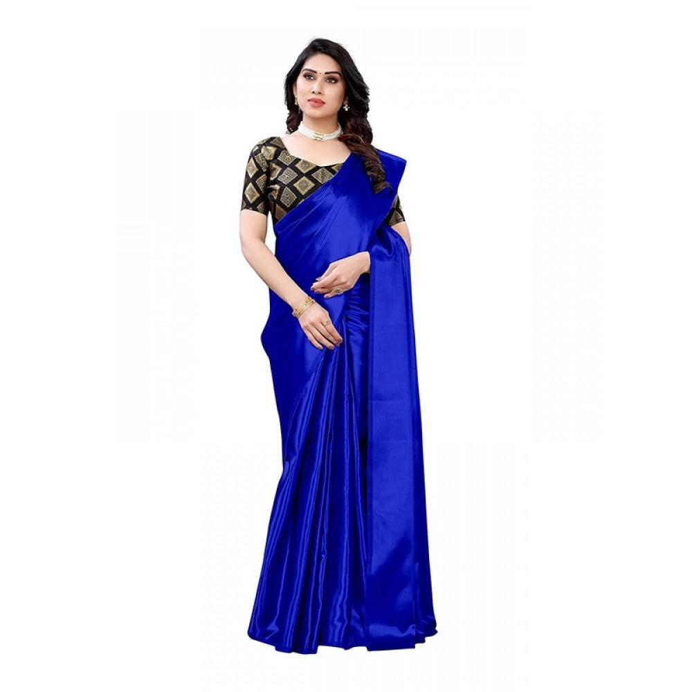 Women's Satin Printed Saree With Unstitched Blouse 5.5Mtr (Royal Blue)