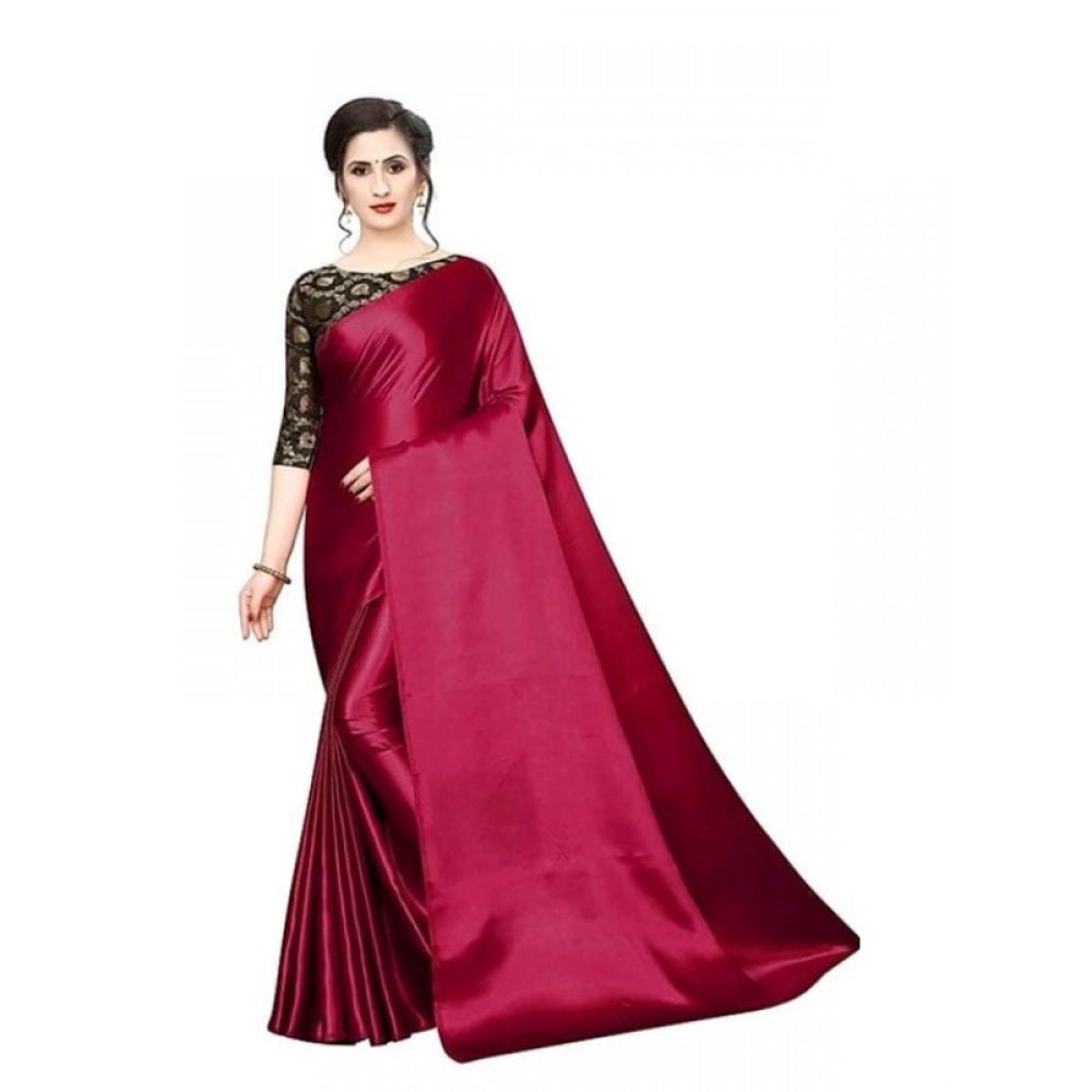 Women's Satin Solid Saree With Unstitched Blouse 5.5Mtr (Maroon)