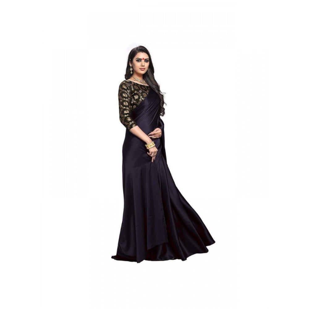 Women's Satin Solid Saree With Unstitched Blouse 5.5Mtr (Black)