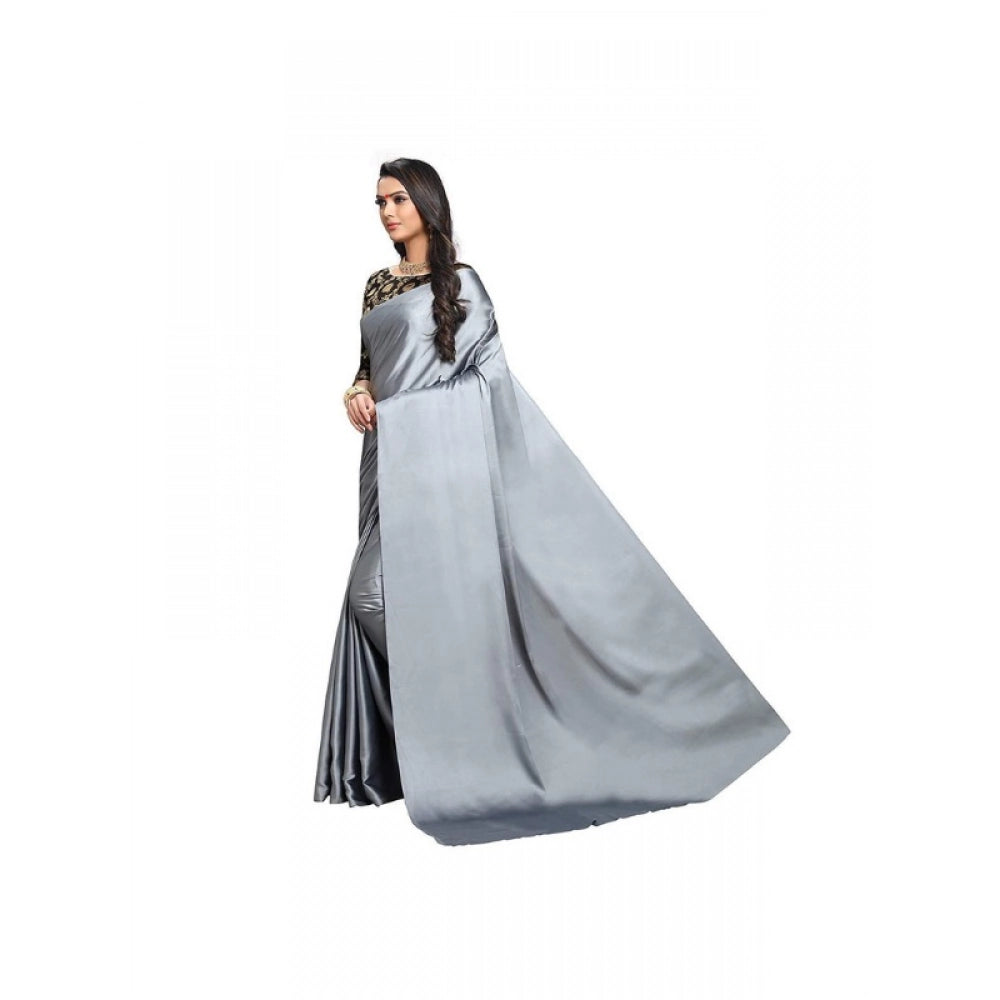 Women's Satin Solid Saree With Unstitched Blouse 5.5Mtr (Grey)