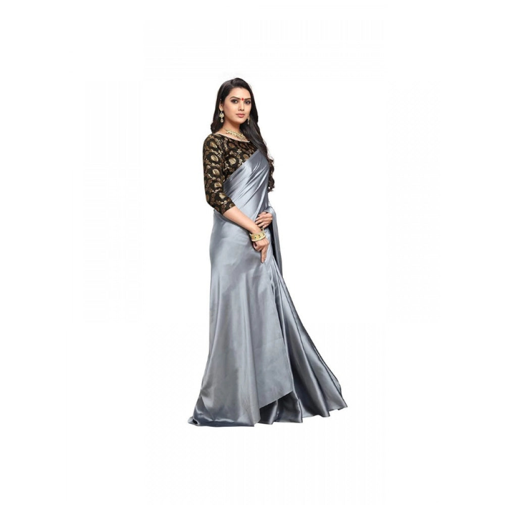 Women's Satin Solid Saree With Unstitched Blouse 5.5Mtr (Grey)