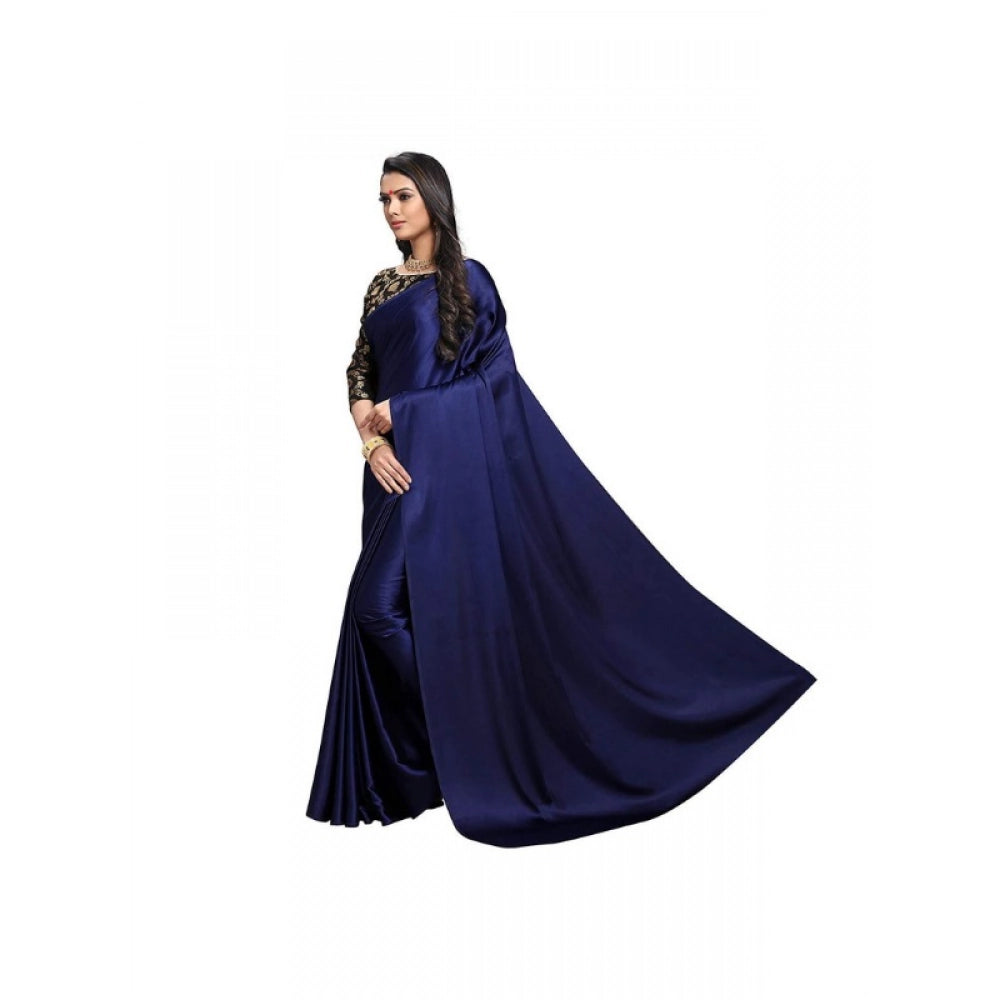 Women's Satin Solid Saree With Unstitched Blouse 5.5Mtr (Navy Blue)