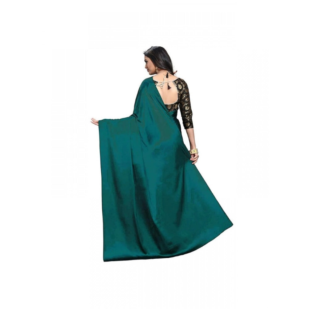 Women's Satin Solid Saree With Unstitched Blouse 5.5Mtr (Turquoise)