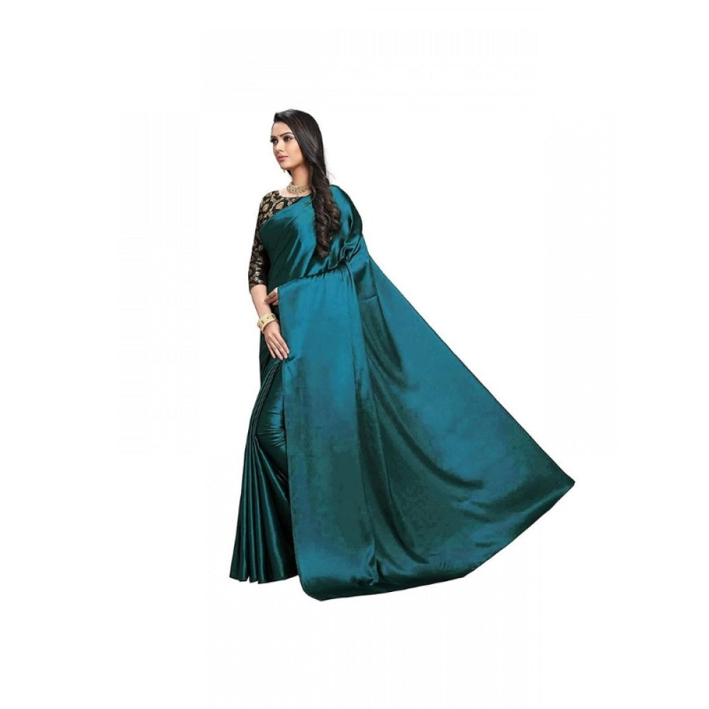 Women's Satin Solid Saree With Unstitched Blouse 5.5Mtr (Turquoise)