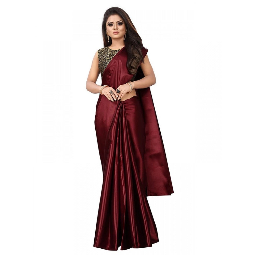 Women's Satin Printed Saree With Unstitched Blouse 5.5Mtr (Maroon)