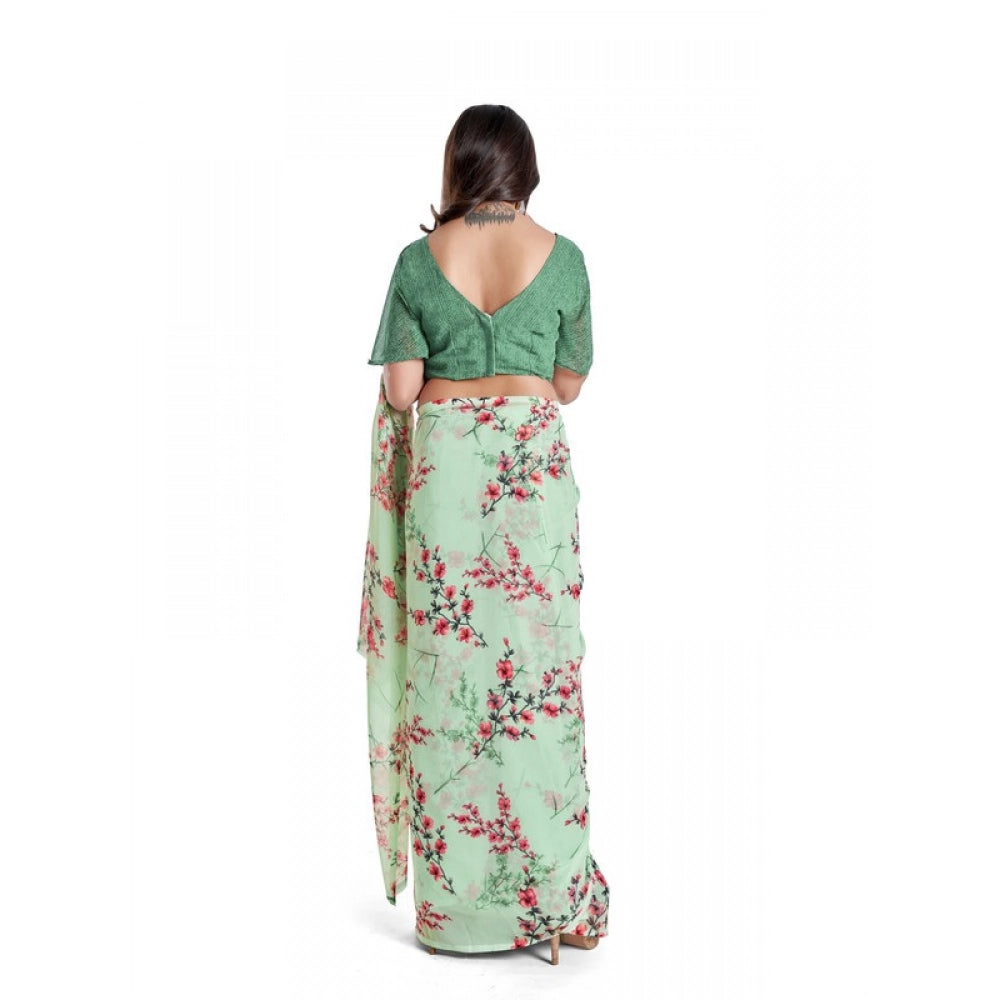 Women's Georgette Printed Saree With Unstitched Blouse 5.5Mtr (Light Green)
