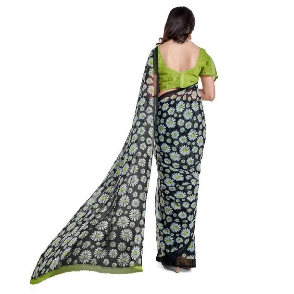 Women's Georgette Printed Saree With Unstitched Blouse 5.5Mtr (Green)