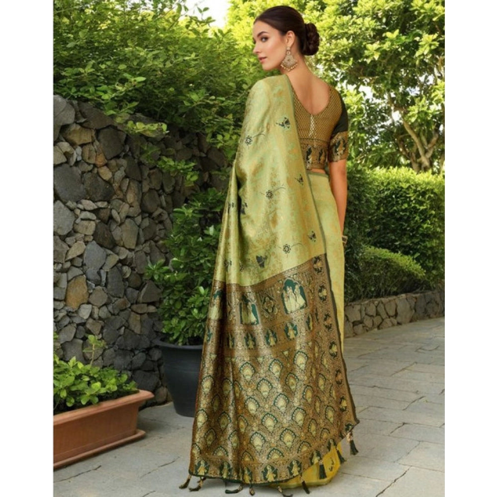 Women's Silk Blend Woven Paithani Saree With Unstitched Blouse 5.5Mtr (Olive)