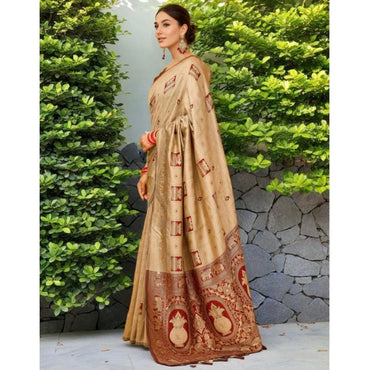 Women's Silk Blend Woven Zari Work Saree With Unstitched Blouse 5.5Mtr (Beige)