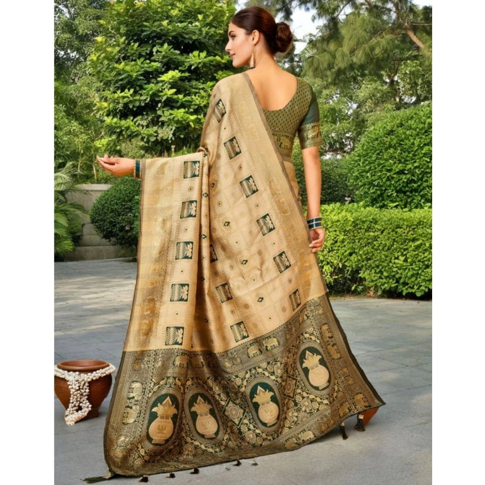 Women's Silk Blend Woven Zari Work Saree With Unstitched Blouse 5.5Mtr (Cream)
