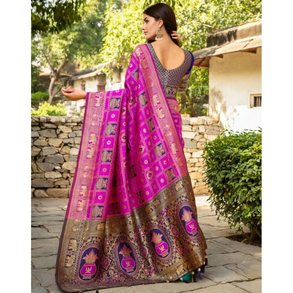 Women's Silk Blend Woven Zari Work Saree With Unstitched Blouse 5.5Mtr (Pink)