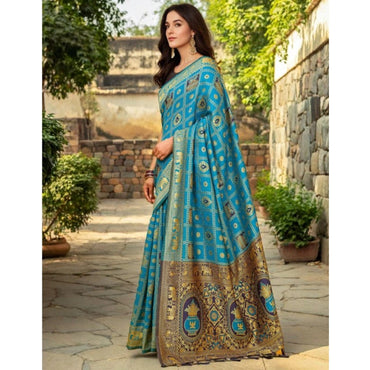 Women's Silk Blend Woven Zari Work Saree With Unstitched Blouse 5.5Mtr (Rama)