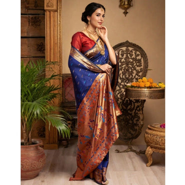 Women's Silk Blend Zari Woven Saree With Unstitched Blouse 5.5Mtr (Navy)