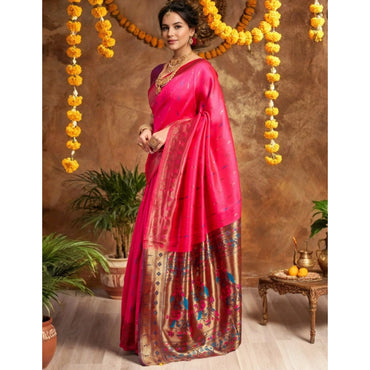 Women's Silk Blend Zari Woven Saree With Unstitched Blouse 5.5Mtr (Pink)