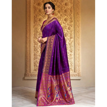 Women's Silk Blend Zari Woven Saree With Unstitched Blouse 5.5Mtr (Purple)