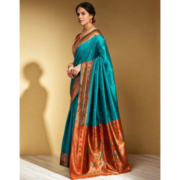 Women's Silk Blend Zari Woven Saree With Unstitched Blouse 5.5Mtr (Rama)