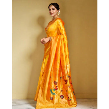 Women's Silk Blend Paithani Saree With Unstitched Blouse 5.5Mtr (Mustard)