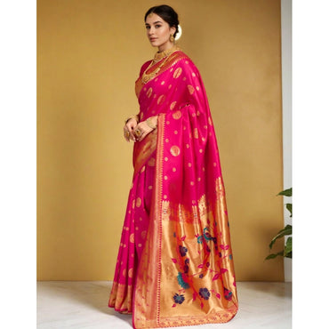 Women's Silk Blend Paithani Saree With Unstitched Blouse 5.5Mtr (Pink)