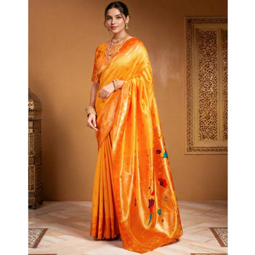 Women's Silk Blend Woven Saree With Unstitched Blouse 5.5Mtr (Orange)