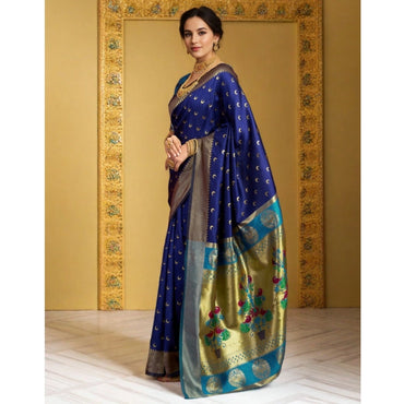 Women's Silk Blend Zari Woven Saree With Unstitched Blouse 5.5Mtr (Navy)