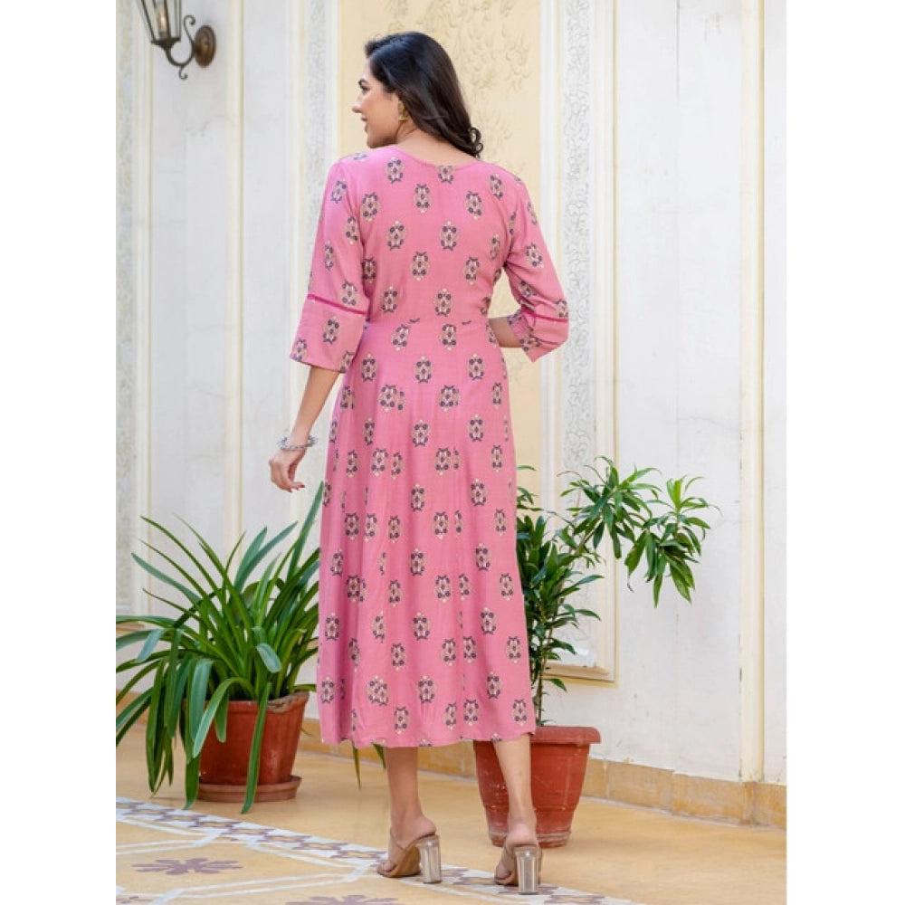 Women's Rayon Print With Embroidery Work A-Line Kurti (Wine)