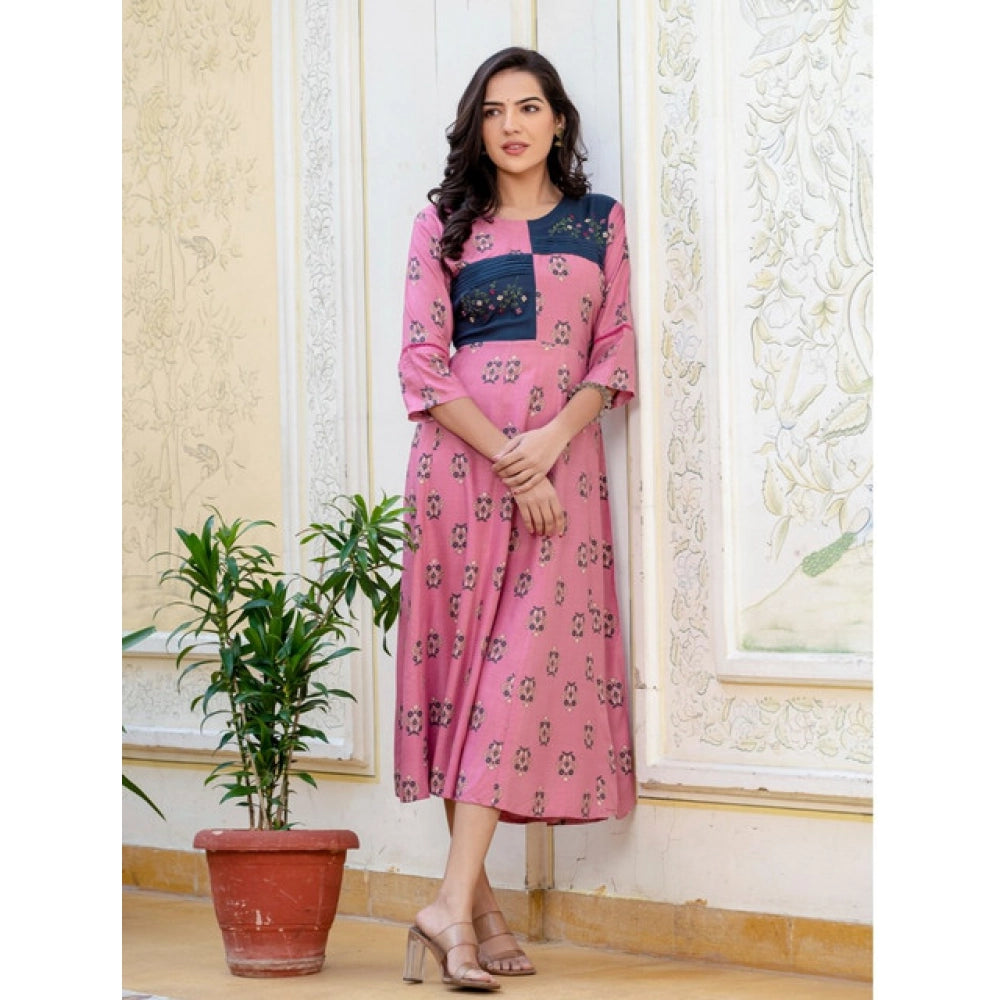 Women's Rayon Print With Embroidery Work A-Line Kurti (Wine)