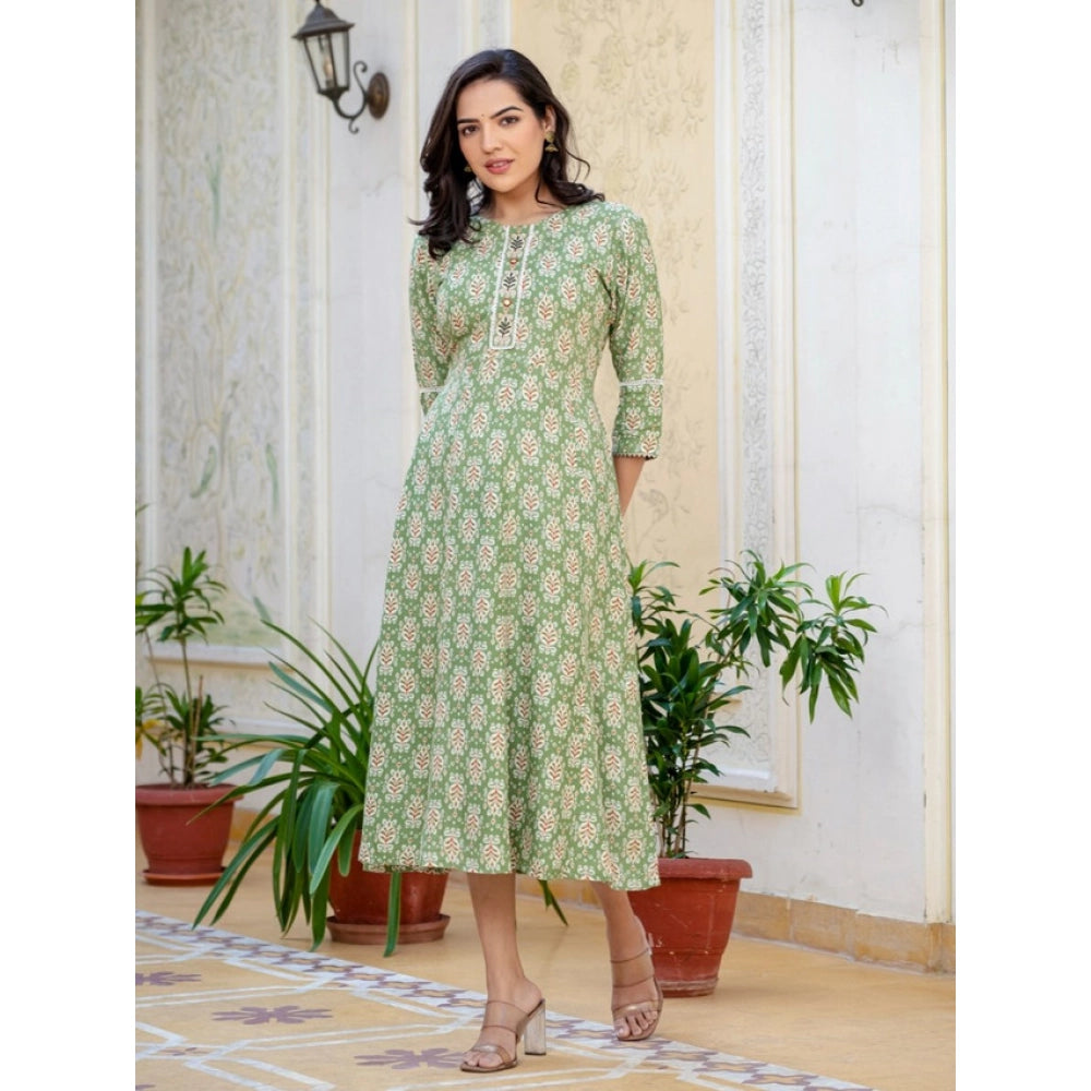 Women's Rayon Print With Embroidery Work A-Line Kurti (Green)