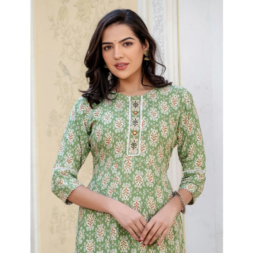 Women's Rayon Print With Embroidery Work A-Line Kurti (Green)