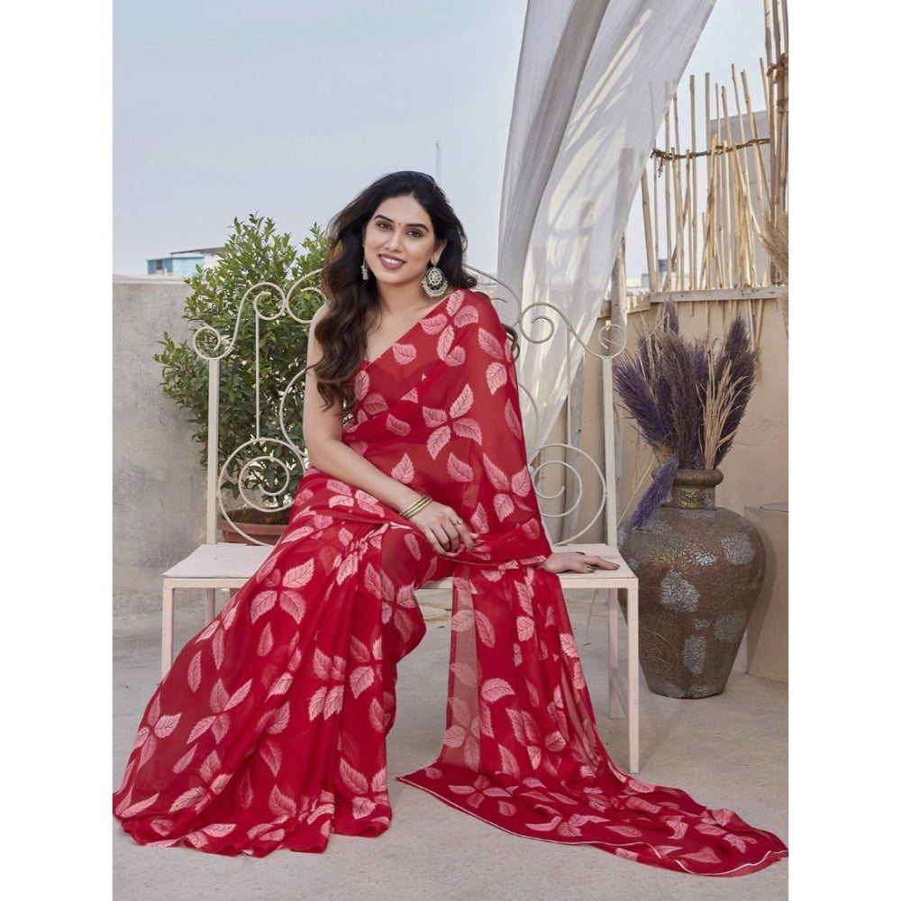 Women's Chiffon Printed Saree With Unstitched Blouse 5.5Mtr (Red)