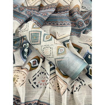 Women's Linen Cotton Printed Saree With Unstitched Blouse 5.5Mtr (Grey)