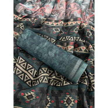 Women's Linen Cotton Printed Saree With Unstitched Blouse 5.5Mtr (Blue)