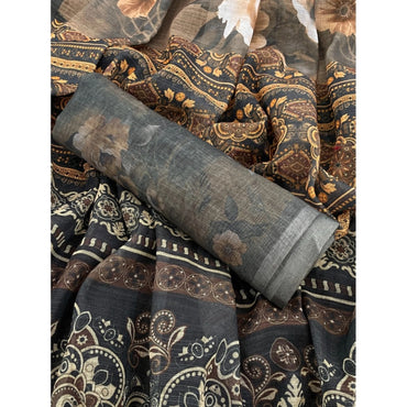 Women's Linen Cotton Printed Saree With Unstitched Blouse 5.5Mtr (Beige)