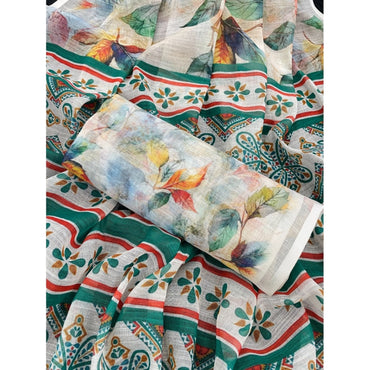 Women's Linen Cotton Printed Saree With Unstitched Blouse 5.5Mtr (Green)