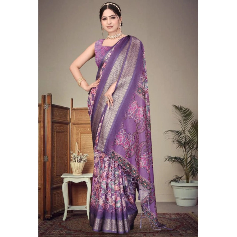 Women's Cotton Silk Printed Saree With Unstitched Blouse 5.5Mtr (Purple)