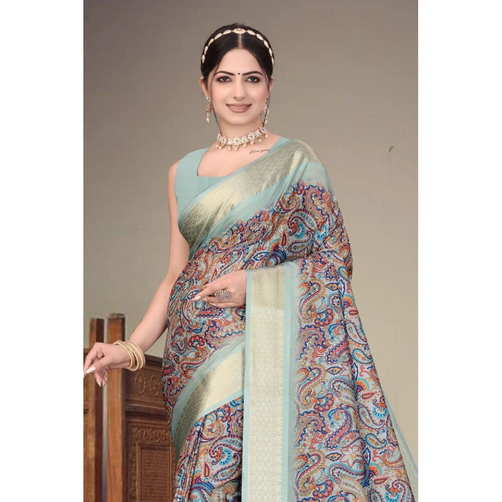Women's Cotton Silk Printed Saree With Unstitched Blouse 5.5Mtr (Multicolor)