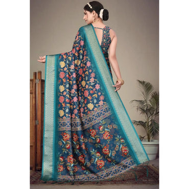 Women's Cotton Silk Printed Saree With Unstitched Blouse 5.5Mtr (Blue)