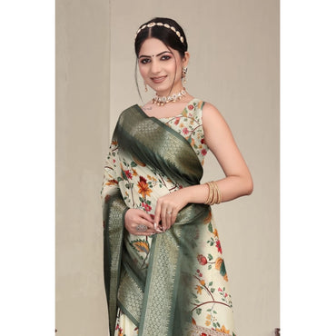 Women's Cotton Silk Printed Saree With Unstitched Blouse 5.5Mtr (Green)
