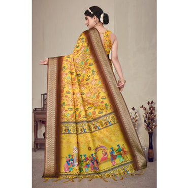 Women's Cotton Silk Printed Saree With Unstitched Blouse 5.5Mtr (Yellow)