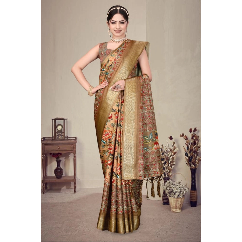 Women's Cotton Silk Printed Saree With Unstitched Blouse 5.5Mtr (Peach)