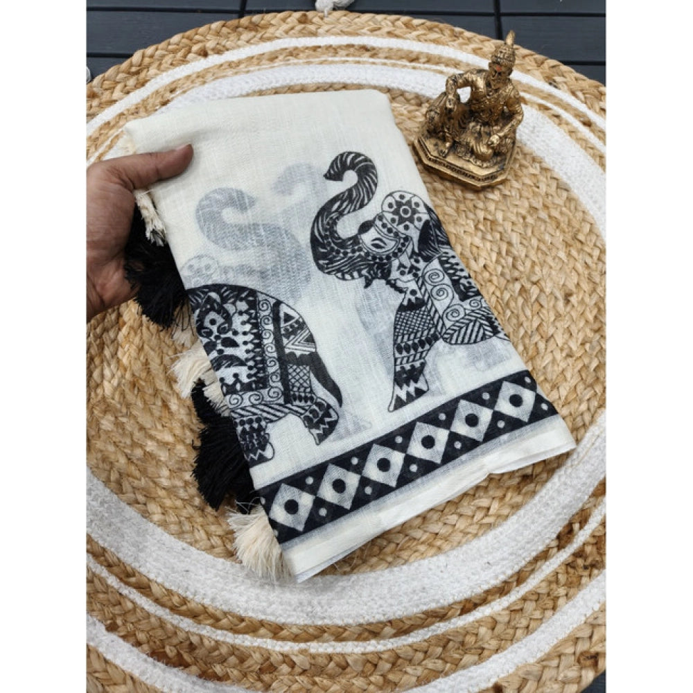 Women's Linen Cotton Printed Saree With Unstitched Blouse 5.5Mtr (Cream & Black)