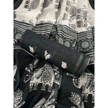 Women's Linen Cotton Printed Saree With Unstitched Blouse 5.5Mtr (Black)