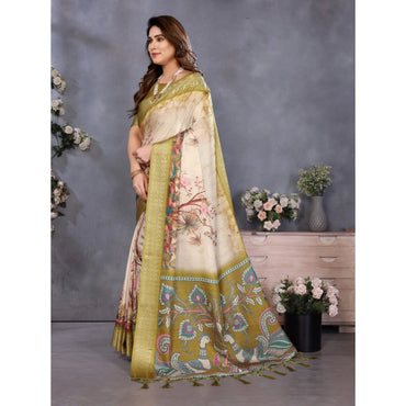 Women's Cotton Silk Printed Saree With Unstitched Blouse 5.5Mtr (Olive Green)