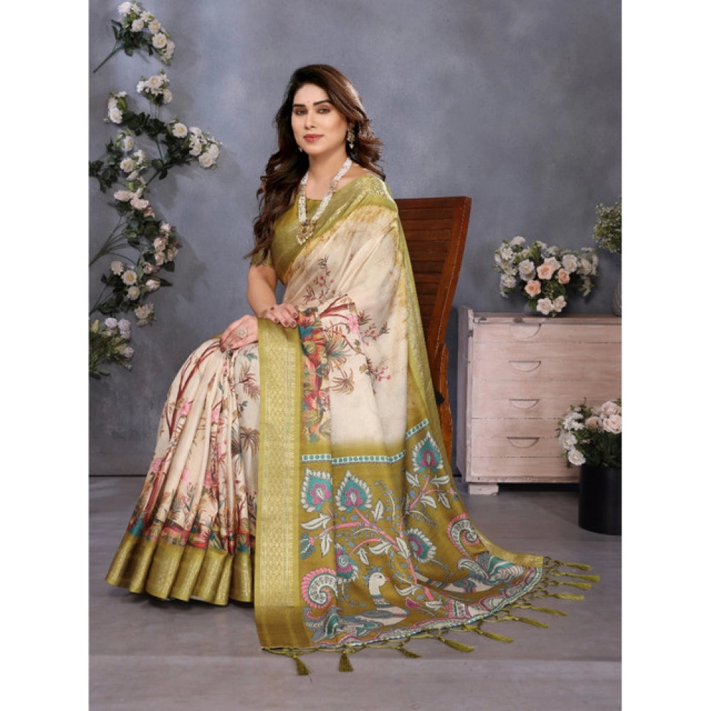 Women's Cotton Silk Printed Saree With Unstitched Blouse 5.5Mtr (Olive Green)