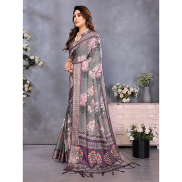 Women's Cotton Silk Printed Saree With Unstitched Blouse 5.5Mtr (Wine )