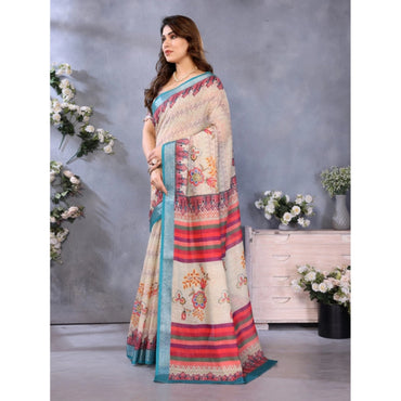 Women's Linen Cotton Printed Saree With Unstitched Blouse 5.5Mtr (Cream)