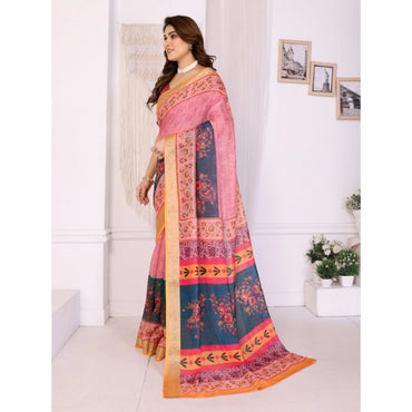Women's Linen Cotton Printed Saree With Unstitched Blouse 5.5Mtr (Pink)