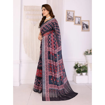 Women's Linen Cotton Printed Saree With Unstitched Blouse 5.5Mtr (Black)
