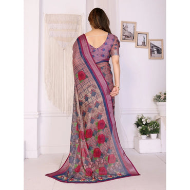 Women's Linen Cotton Printed Saree With Unstitched Blouse 5.5Mtr (Wine )