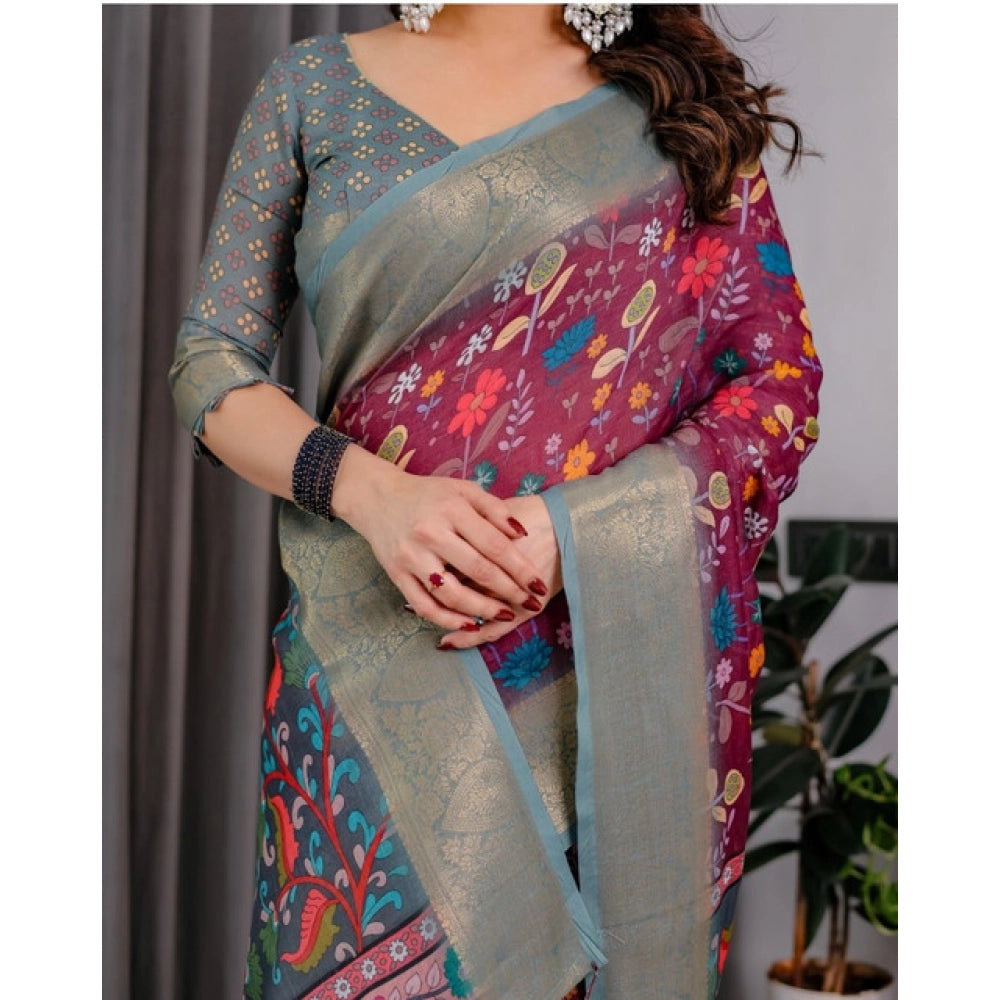 Women's Linen Printed Saree With Unstitched Blouse 5.5Mtr (Purple)